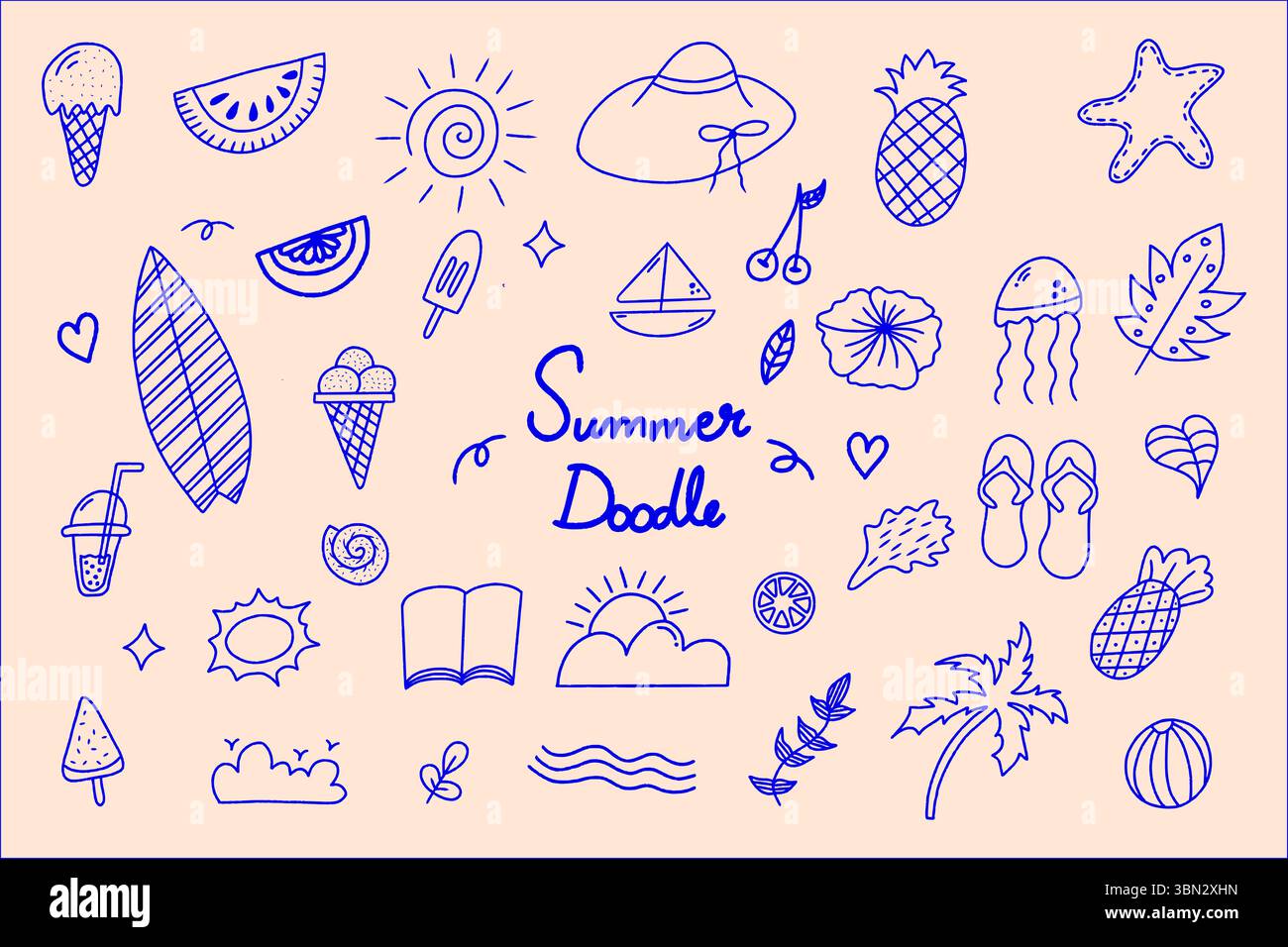 Set estivo isolato di doodle, elementi vettoriali moderni astratti, contorni estivi disegnati a mano e disegno a linee Illustrazione Vettoriale