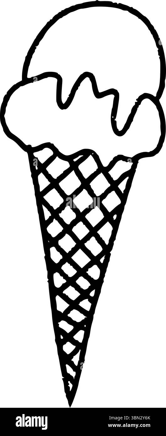 Cono per cialde con cucchiai di gelato, vettore nero su sfondo trasparente, gelato disegnato a mano in cono per cialde Illustrazione Vettoriale