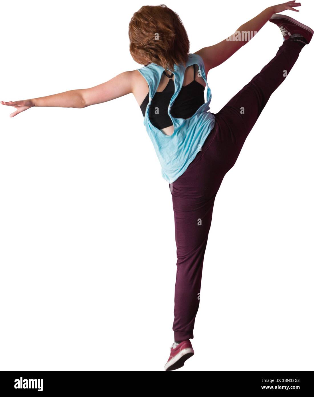 Il design piatto mostra che la ballerina è in equilibrio sulla gamba sinistra con le braccia allungate su sfondo bianco Foto Stock