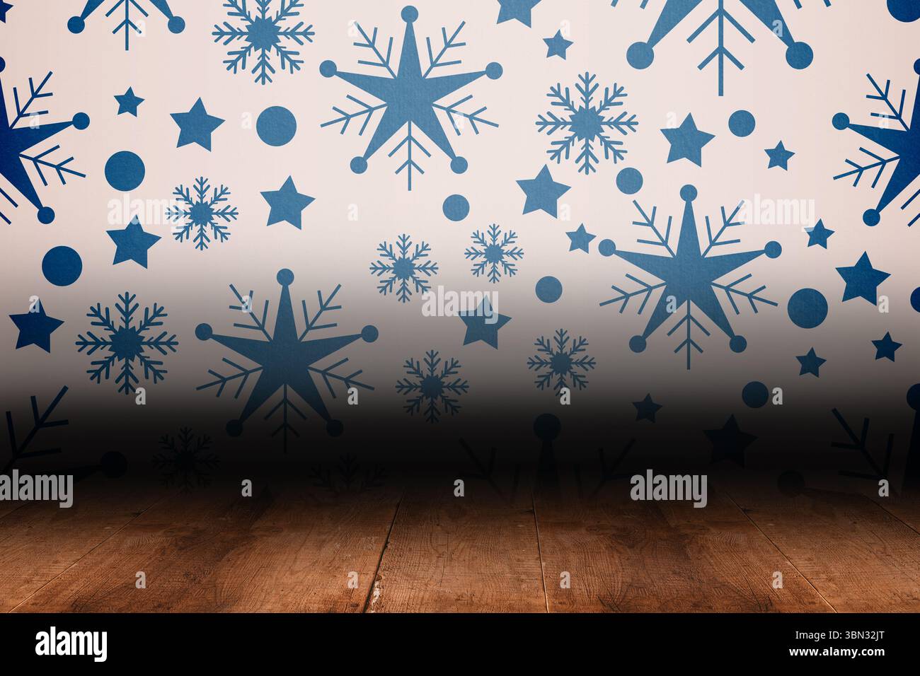 Carta da parati con fiocchi di neve sulle tavole del pavimento Foto Stock