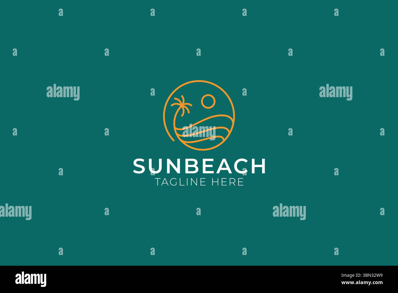 Illustrazione del logo Sun Beach e Palm Tree stile minimalista lineare Illustrazione Vettoriale