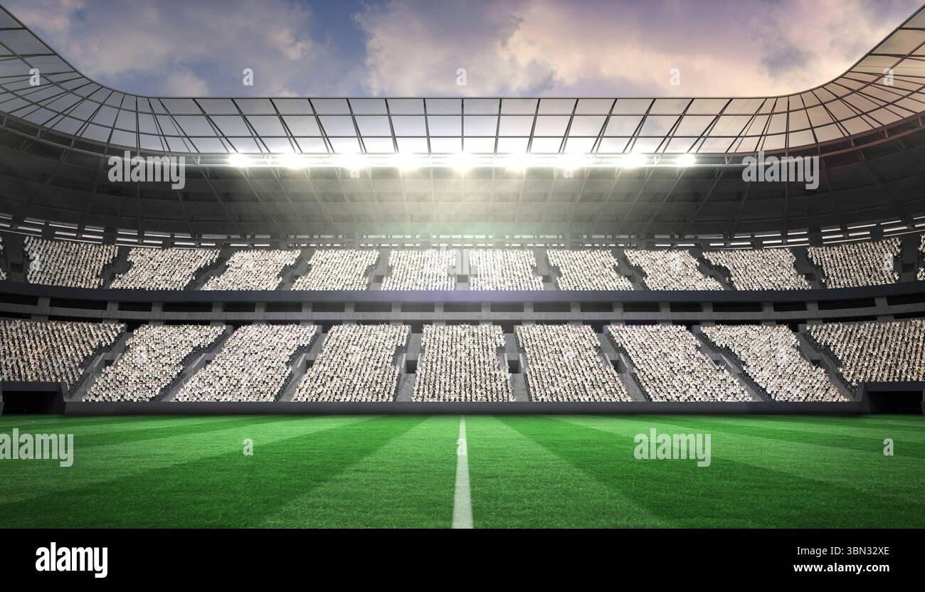 Lo stadio di calcio vuoto dal design piatto presenta un campo verde sotto il tetto ad arco con fari Foto Stock