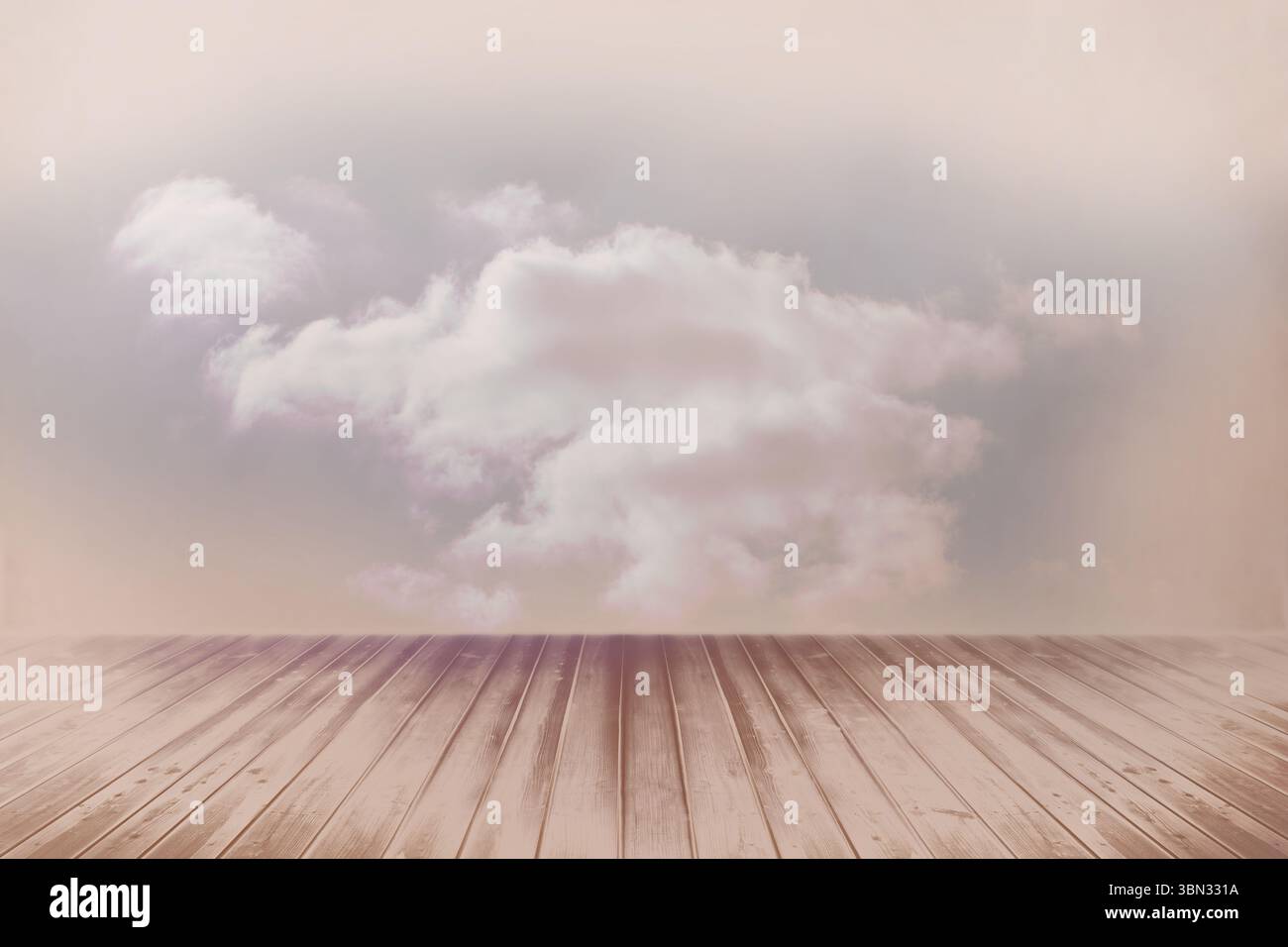 Soffice nuvola che si innalza su un pavimento in legno con un design piatto con sfondo sfumato pastello Foto Stock