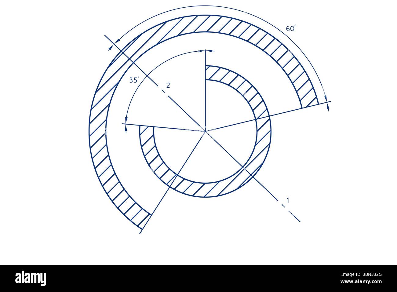 Gli anelli concentrici mostrano le aree tratteggiate e le didascalie dimensionali nello schema piatto, nello spazio di copia Foto Stock