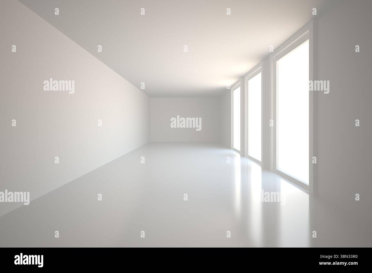 La sala rettangolare vuota mostra una luce brillante che scorre attraverso le finestre a tutta altezza in un design piatto Foto Stock