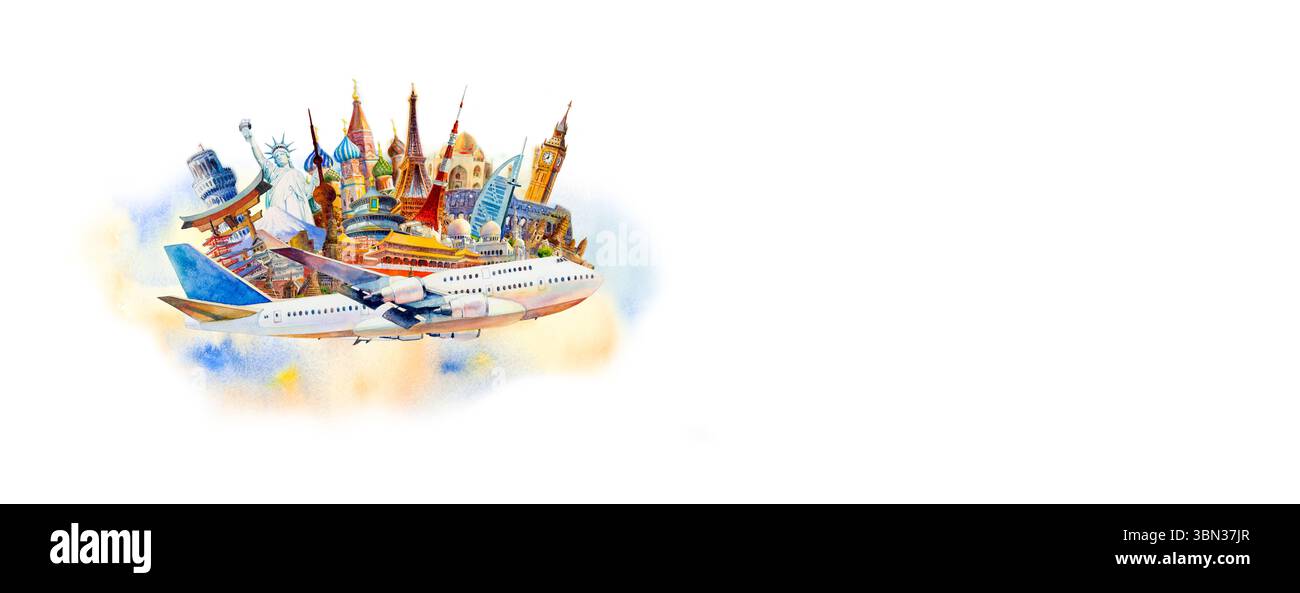 Viaggia in aeroplano con i luoghi di interesse del mondo. Monumenti architettonici di riferimento del mondo, turismo con paesaggio panoramico per poster di viaggio e cartolina, Wate Foto Stock