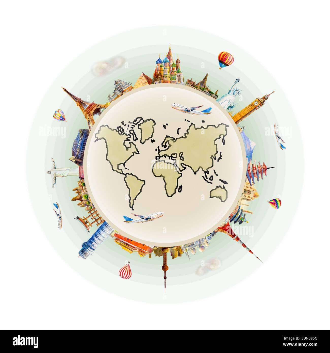 Viaggia in luoghi di interesse, mappa del mondo, aereo, mongolfiera. Monumenti architettonici del mondo, Turismo con illustrazione d'arte del design flat Travel composit Foto Stock