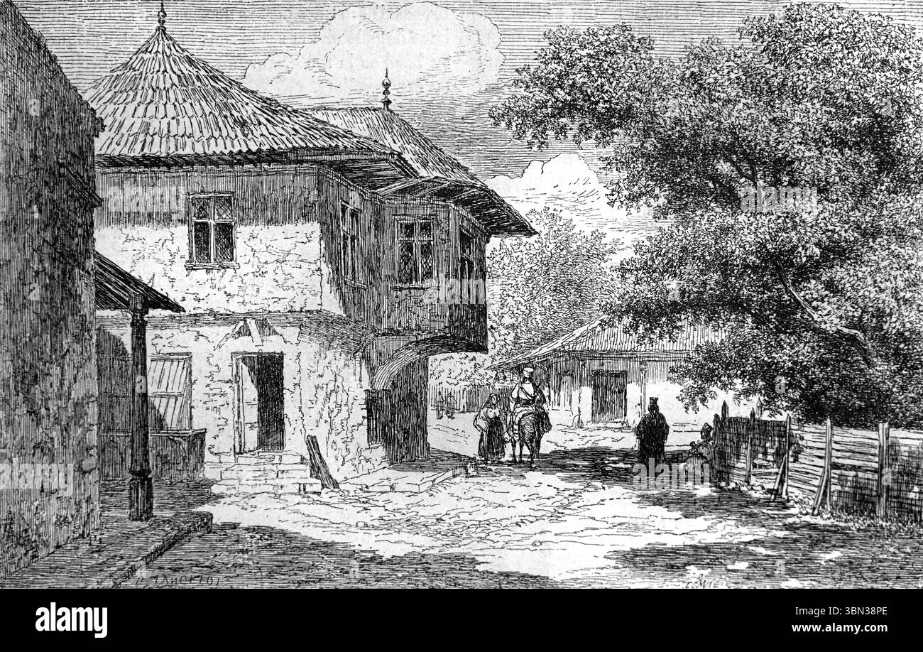 Tradizionale casa turca e scena di strada nella città vecchia o nel quartiere storico di Bucarest Romania. Incisione vintage o storica o illustrazione 1866 Foto Stock