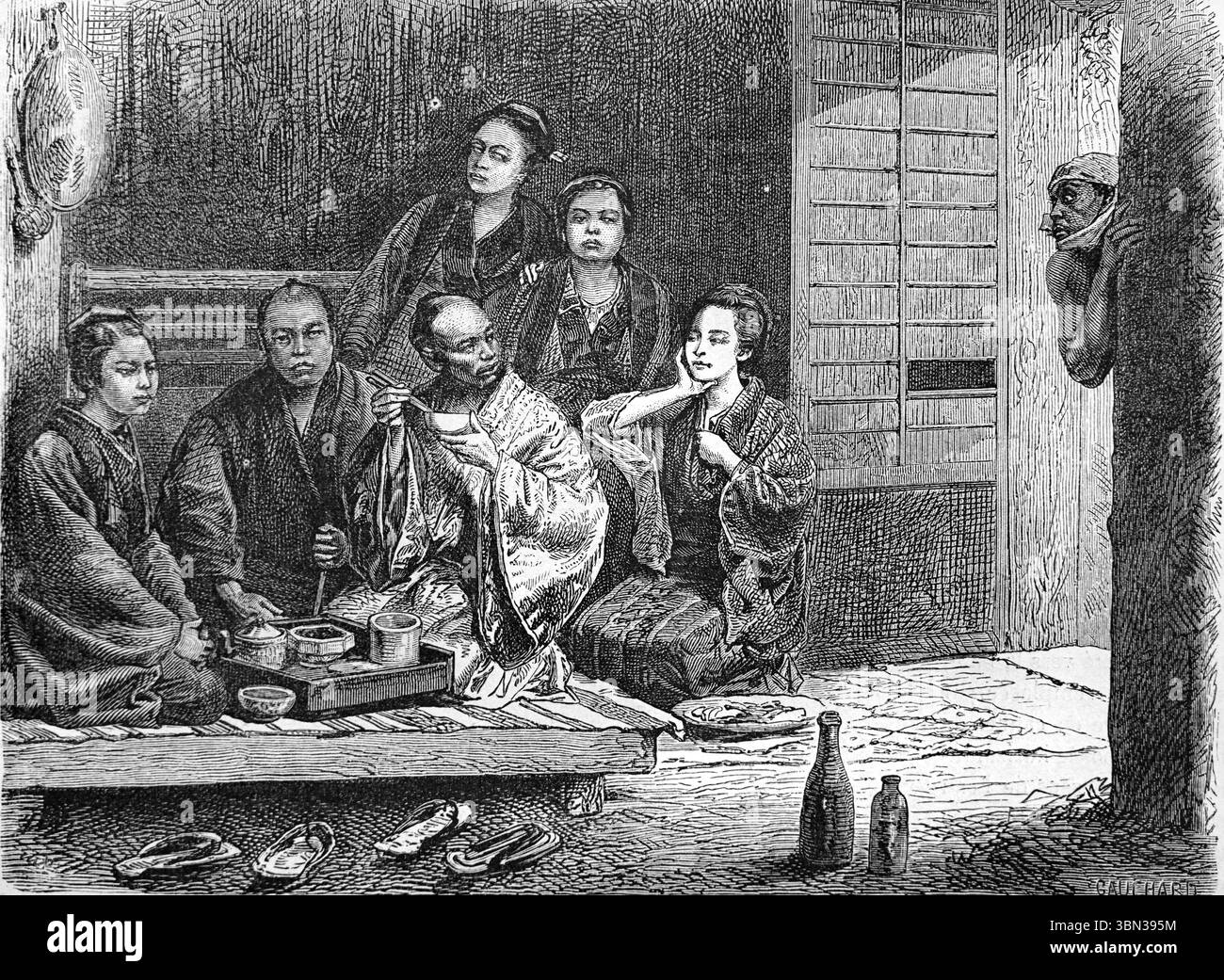 Dipendenti locali o giapponesi della residenza dei Paesi Bassi o del governatore o ambasciatore olandese a Benten o nel distretto Benten-dori di Yokohoma in Giappone. Incisione vintage o storica o illustrazione 1866 Foto Stock