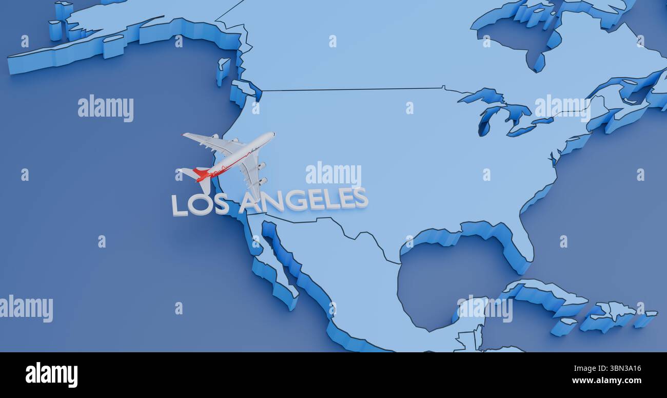 USA, Los Angeles, illustrazione astratta di una mappa con un aereo, concetto di viaggio aereo Foto Stock