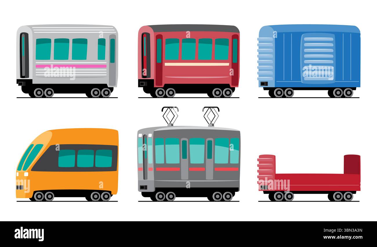 Illustrazione dei cartoni animati per il trasporto di veicoli ferroviari . Include auto o pullman, carrozza, treno ad alta velocità, tram e carro piatto. Set 3 di 3 . Ve Illustrazione Vettoriale
