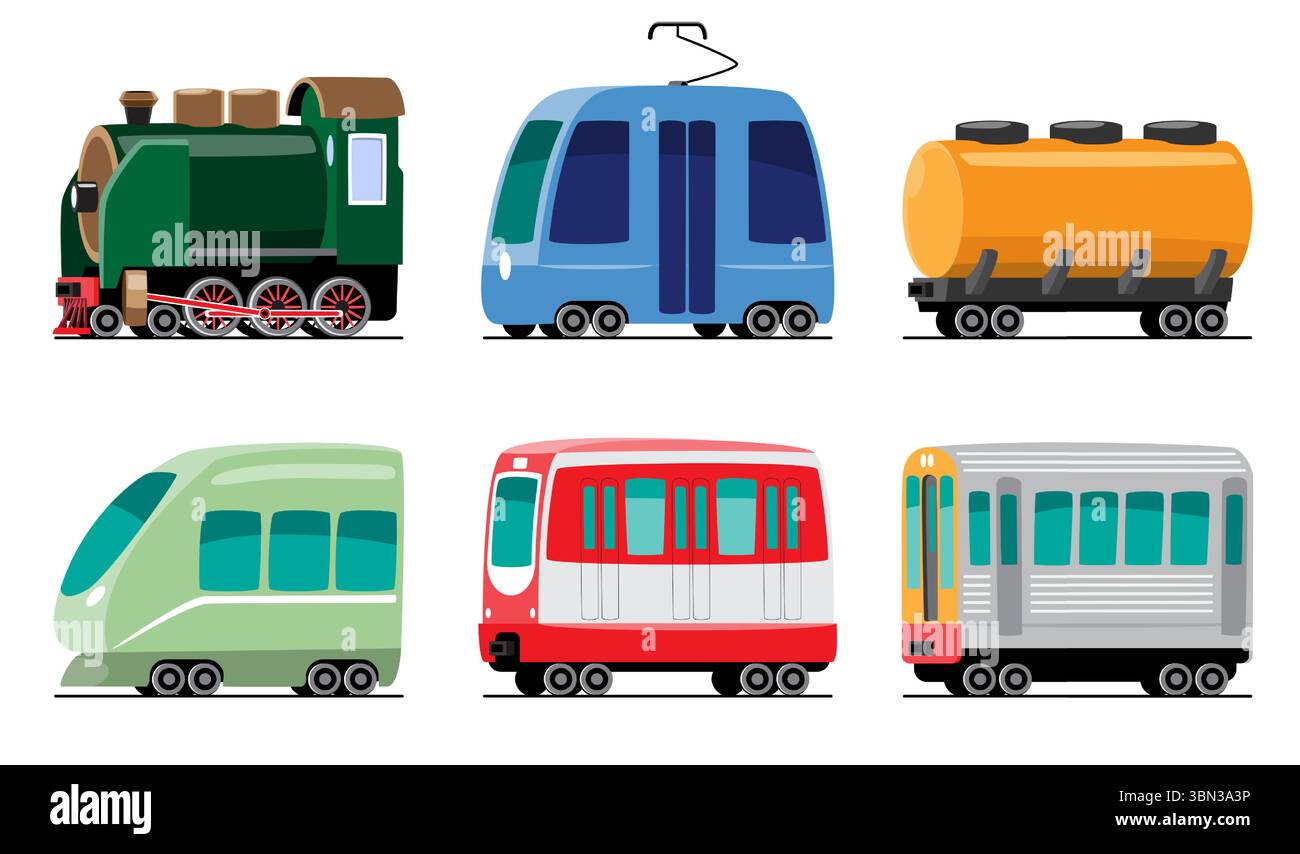Illustrazione dei cartoni animati per il trasporto di veicoli ferroviari . Include locomotiva a vapore, ferrovia leggera o tram, carro armato, treno ad alta velocità, pullman e stazione di trasporto merci Illustrazione Vettoriale