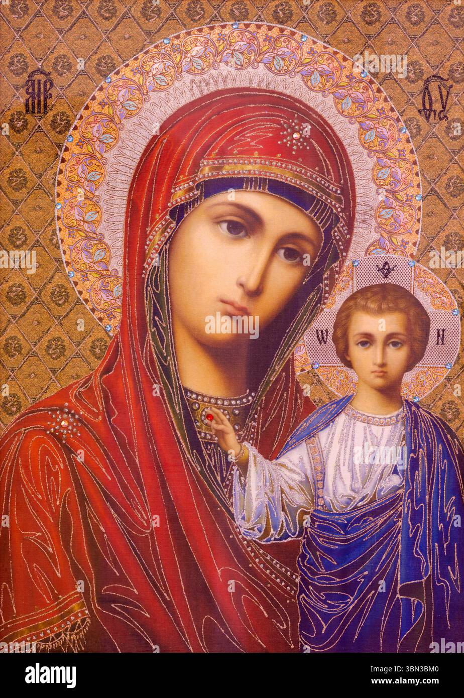 PIACENZA, ITALIA - 21 MAGGIO 2025: L'icona di Maodnna nella chiesa di San Sepolcro (ortodossa rumena) di un artista sconosciuto. Foto Stock