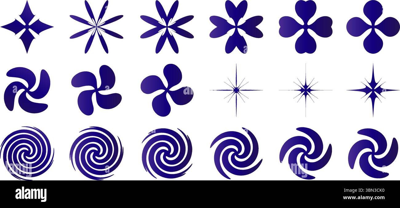 set di forme geometriche astratte che ruotano le icone del logo del fiocco di neve sfondi bianchi isolati per il web design, le app dell'interfaccia utente, l'elemento per banner poster Illustrazione Vettoriale
