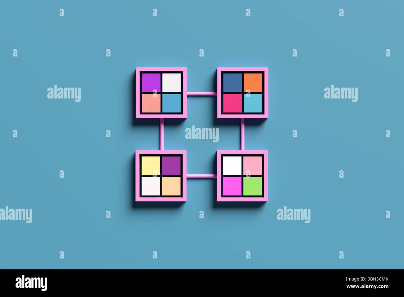 Quadrati rosa con quadranti colorati collegati tra loro, che simboleggiano la rete, il flusso di dati e la tecnologia moderna. Rendering 3D. Foto Stock