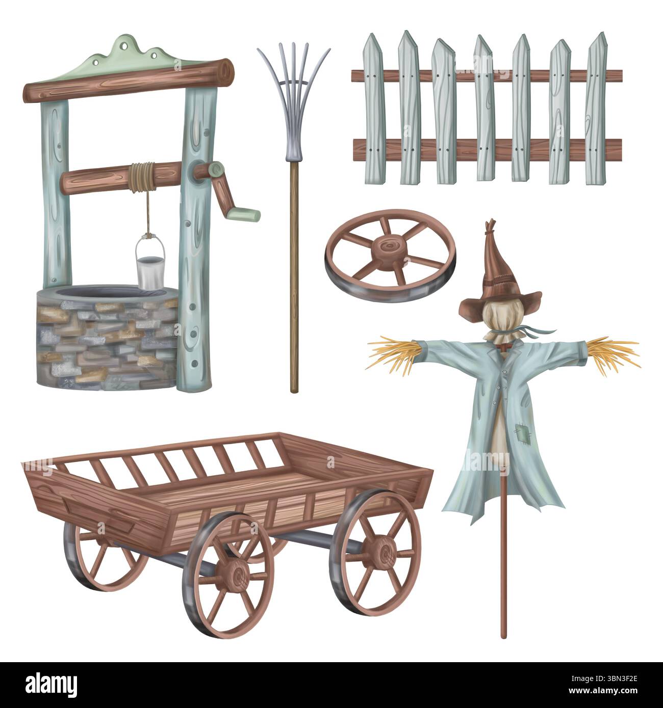 Set di oggetti rurali bene, spaventapasseri, recinzione, carrello. Campagna paesaggistica, lavoro in ranch, stile di vita rustico, agrario. Decorazioni in stile country tradizionale. Giardino A. Foto Stock