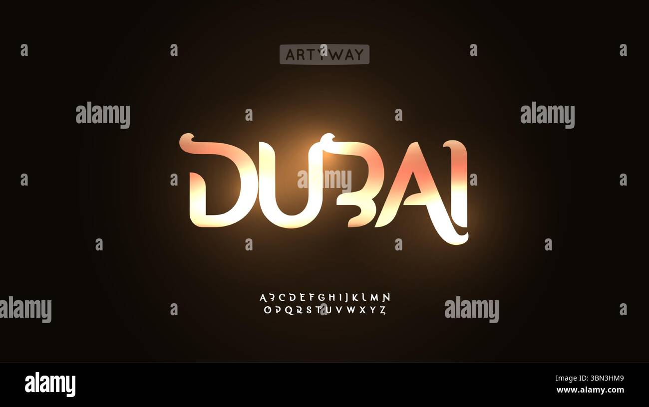 Alfabeto dorato lucido, font di lusso brillante, simboli tipografici di alta qualità per logo di branding esotico, elegante design del titolo Dubai lettering, arabo Illustrazione Vettoriale