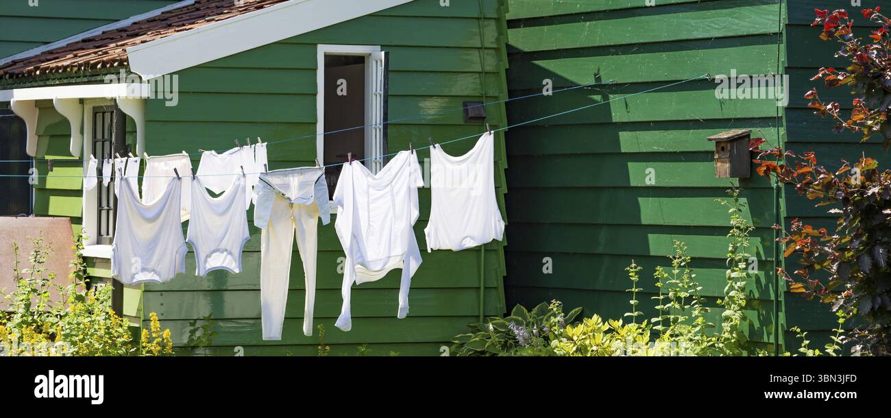 Tipico esempio di cultura olandese. Lavanderia bianca appesa all'esterno di fronte a casa verde in legno nei Paesi Bassi Foto Stock