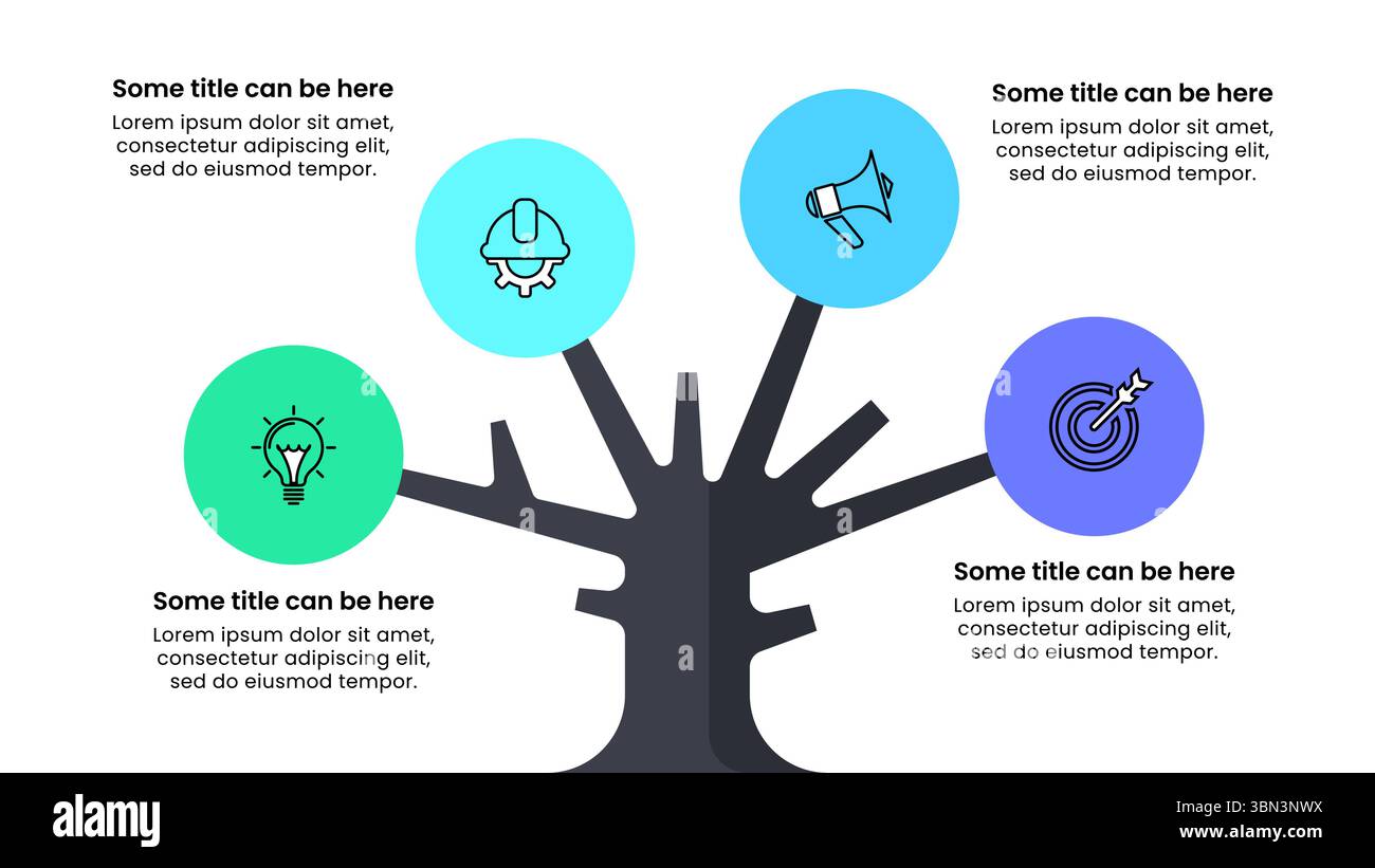Modello infografico con icone e 4 opzioni o passaggi. Albero astratto. Può essere utilizzato per il layout del flusso di lavoro, il diagramma, il banner, il webdesign. Rapporto di illustrazione del vettore Illustrazione Vettoriale