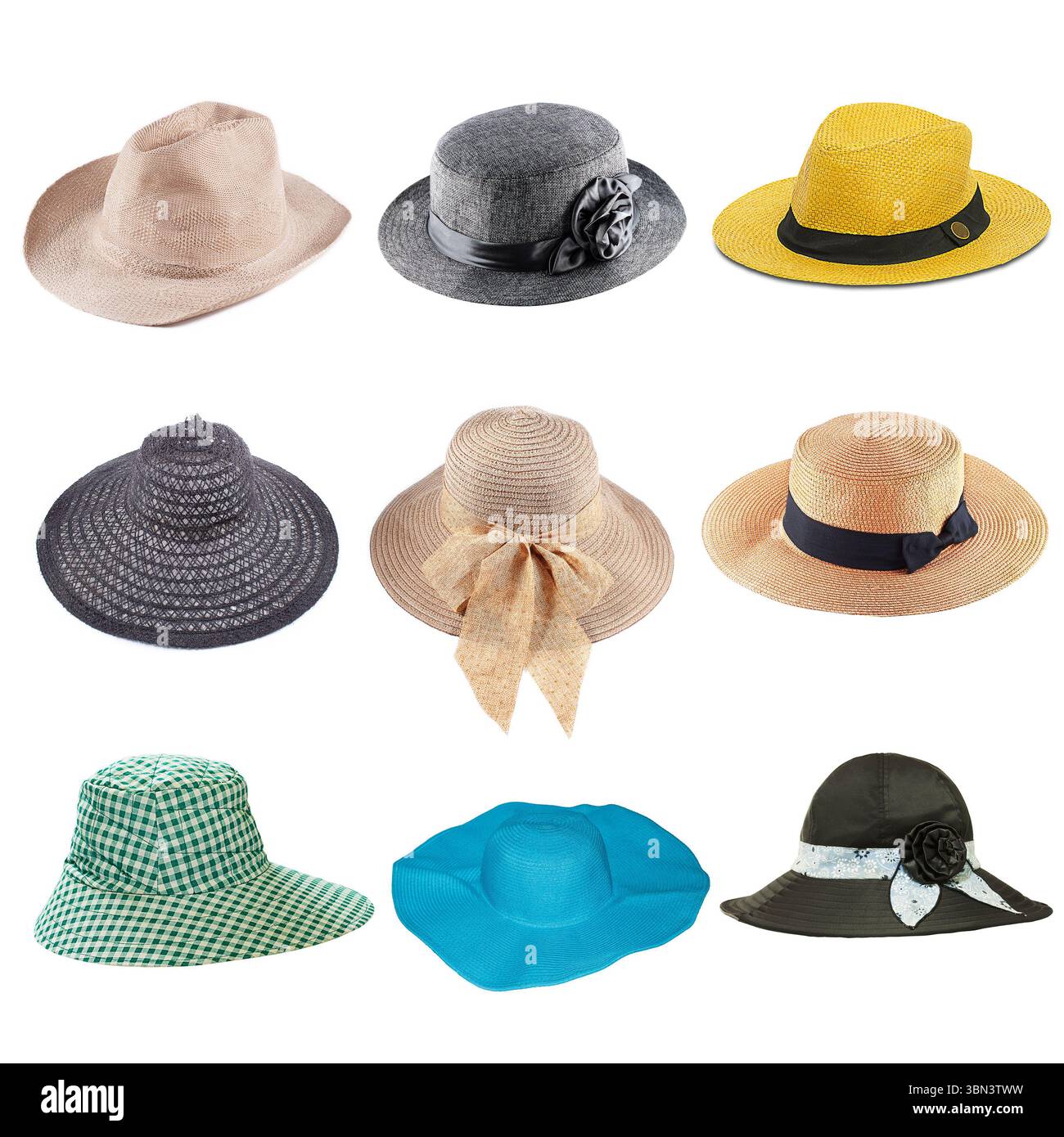 è un set di cappelli alla moda isolati su bianco. Foto Stock