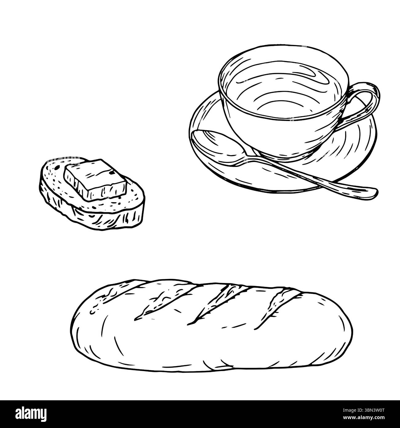 Tazza di tè su piattino con cucchiaio, sandwich al formaggio e pane, schizzo bianco e nero. Illustrazione vettoriale. Set di pasticcini e tazza di caffè mattutino, iso Illustrazione Vettoriale