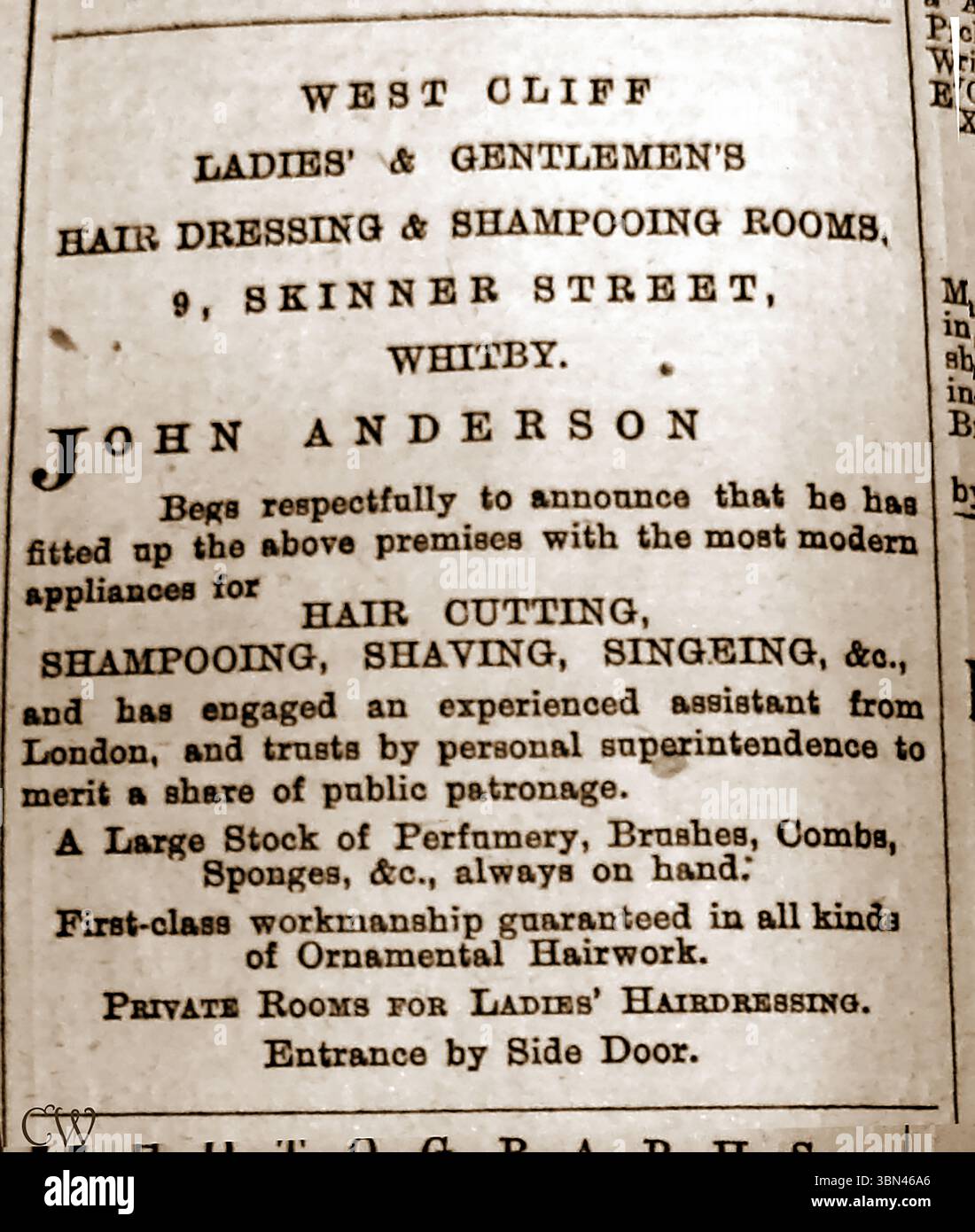 AIDS per rintracciare gli alberi genealogici - una prima pubblicità per John Anderson. Parrucchiere e barbiere, 9 Skinner Street, Whitby, North Yorkshire, Regno Unito Foto Stock