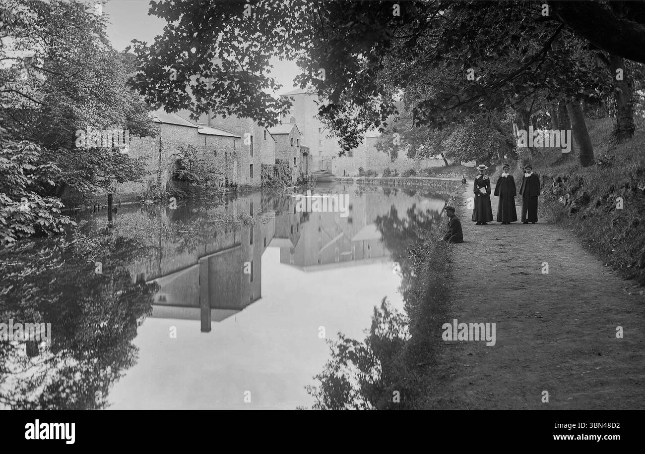 Una fotografia della fine del XIX secolo della gente del posto che cammina sui bastioni a Navan, County Meath, Irlanda. Il sentiero lungo 8 miglia era usato un tempo da cavalli che tiravano chiatte lungo il canale che collega le città di Navan e Slane e segue il percorso del fiume Boyne. Foto Stock