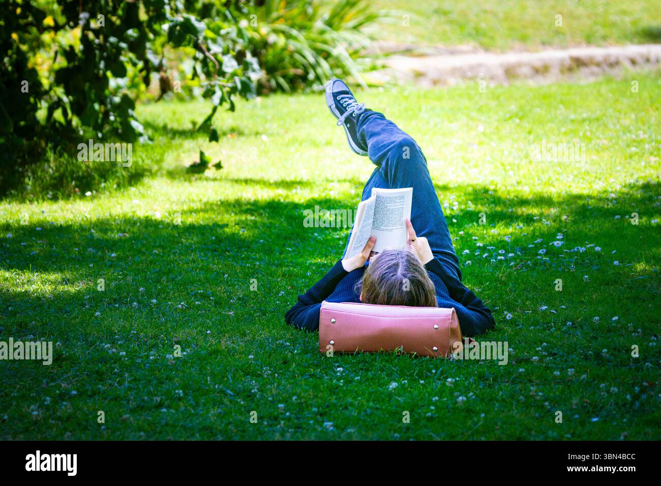 Donna sdraiata in un parco che legge un romanzo Foto Stock
