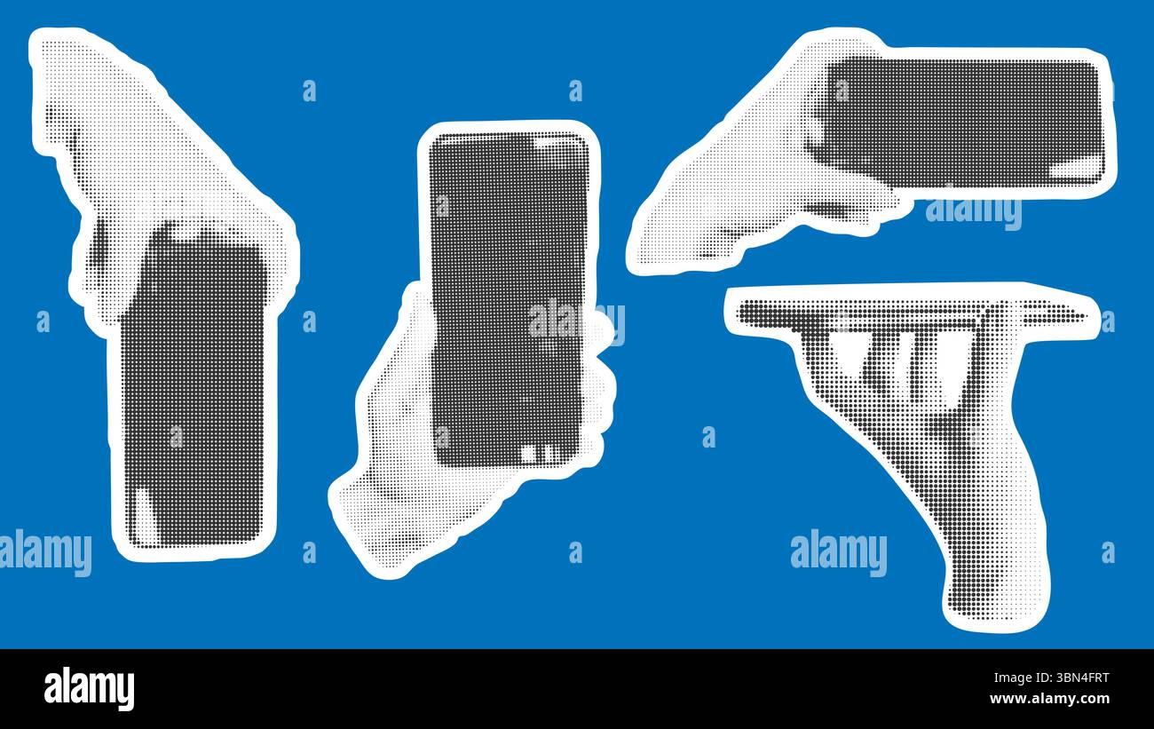 Mano femminile che tiene il telefono in diverse varianti con effetto mezzitoni. Utilizzo di un set di illustrazioni per smartphone per il collage. Elemento in stile pop art retrò Illustrazione Vettoriale