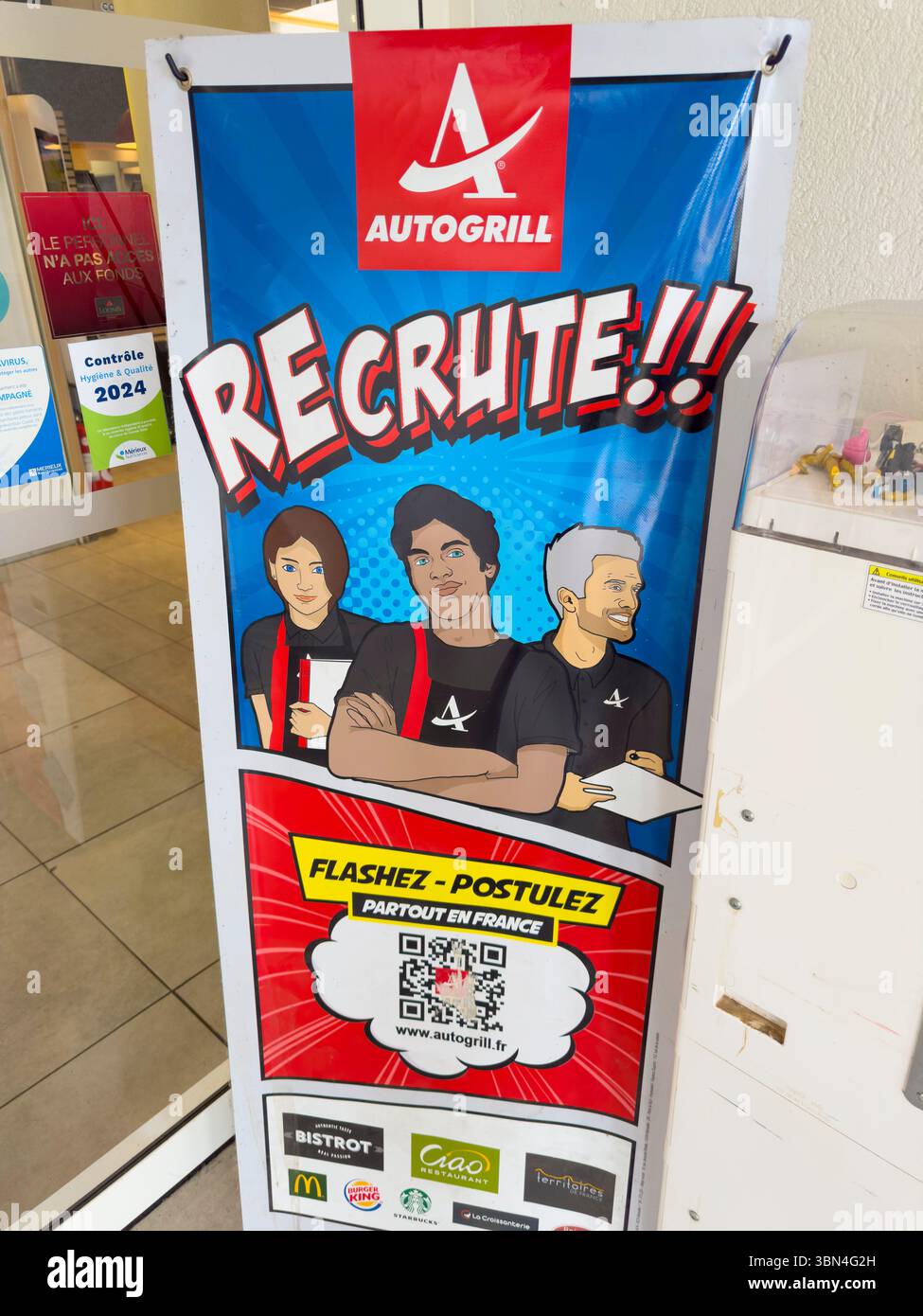 Cartello di reclutamento della Autogrill in una stazione dell'autostrada, superstrada Foto Stock