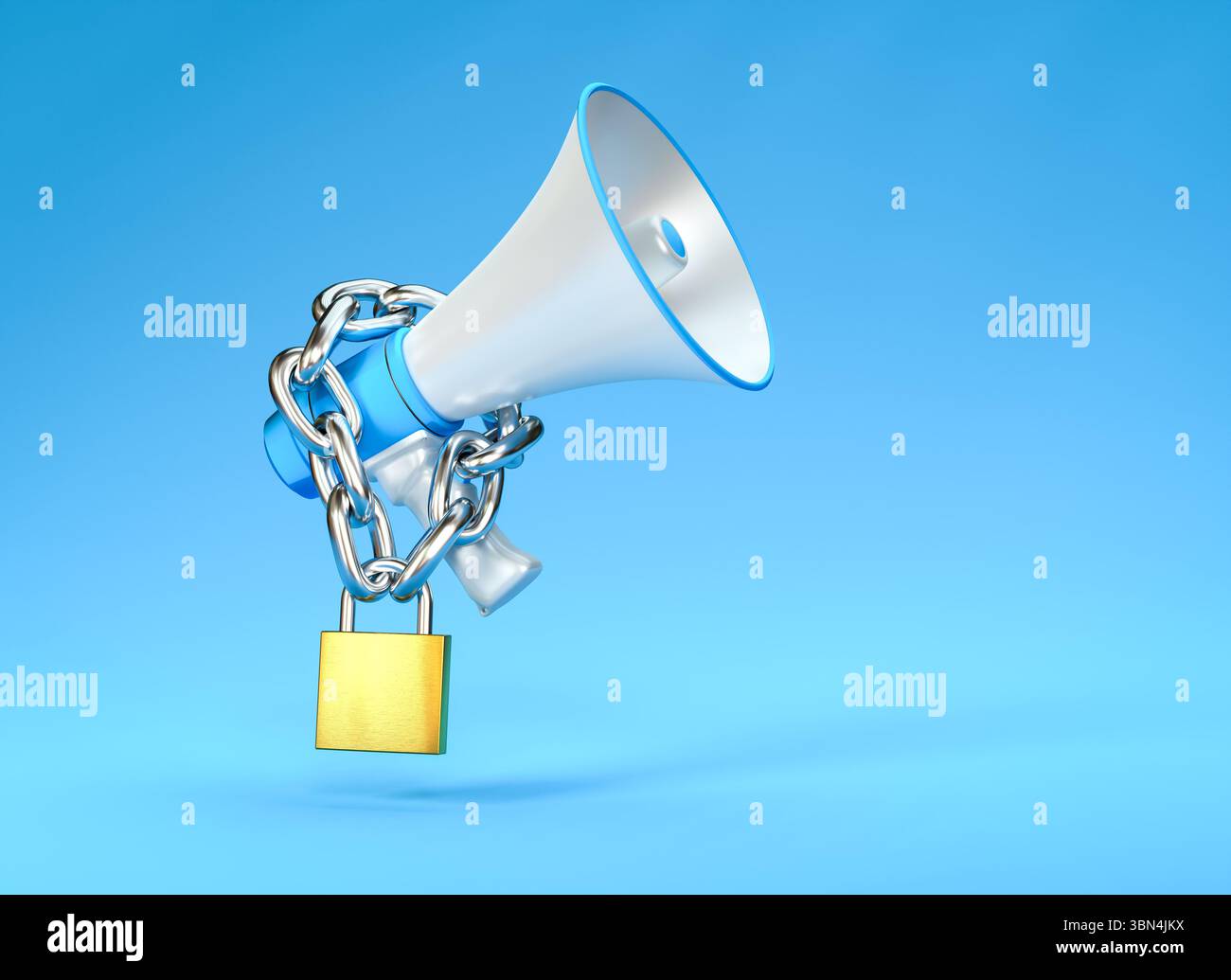 Concetto di libertà di parola. Una catena e un lucchetto avvolti intorno a un megafono. Foto Stock