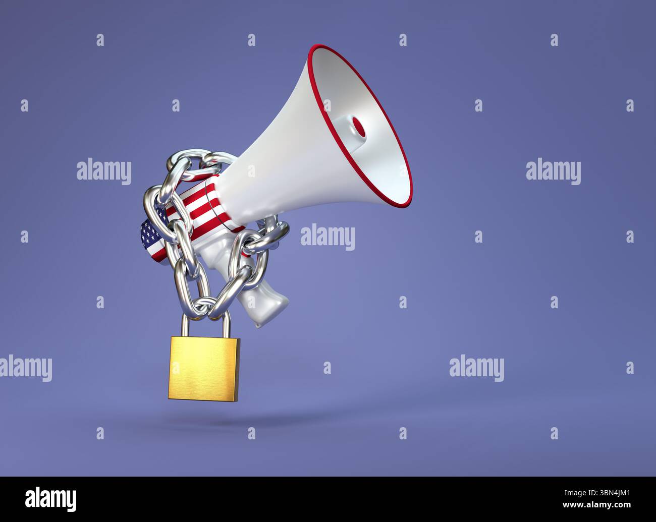 Concetto di libertà di parola negli Stati Uniti d'America. Una catena e un lucchetto avvolti intorno a un megafono con una bandiera americana. Foto Stock