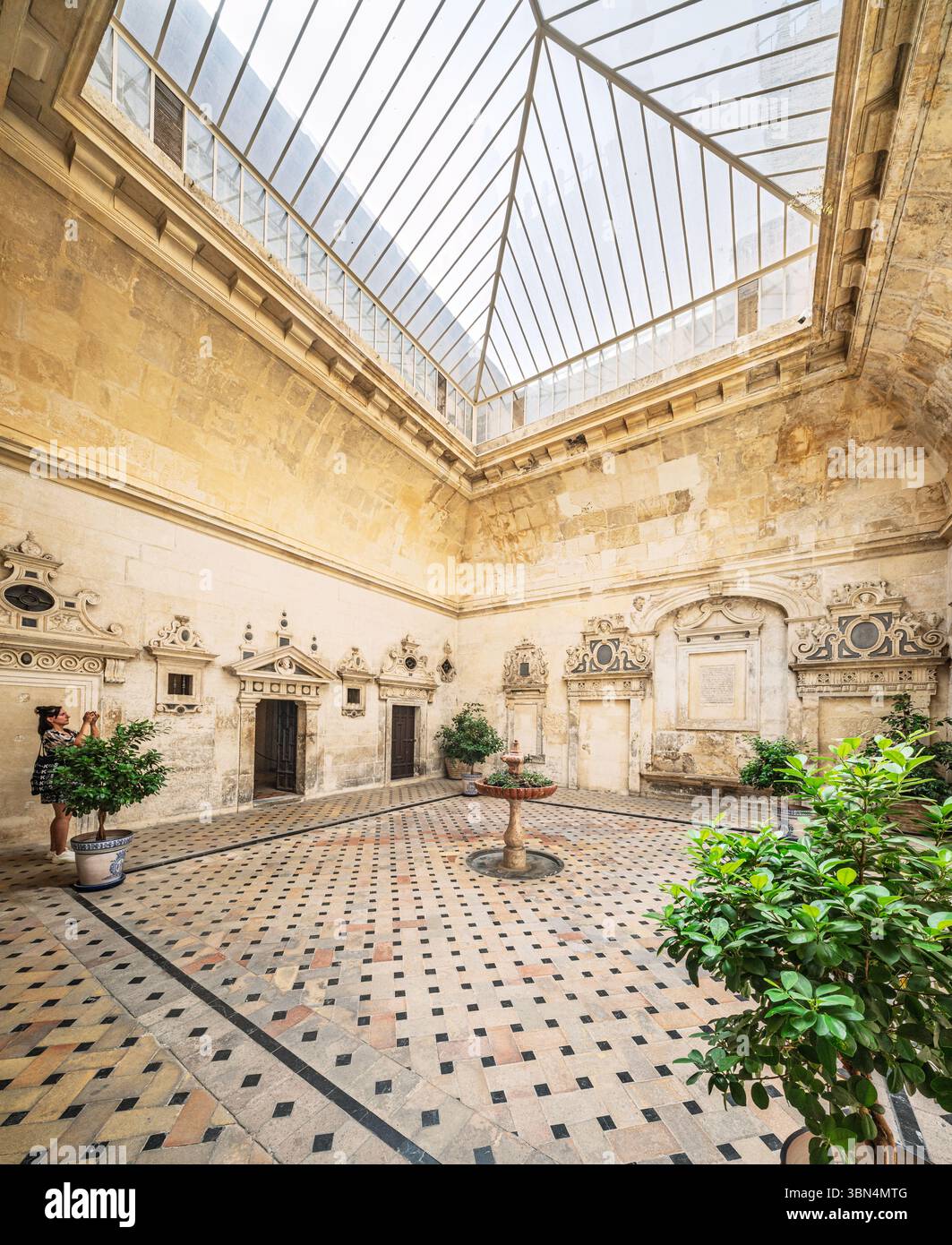 Esplora la splendida piazza del cortile rinascimentale progettata da Hernán Ruiz II, con gallerie d'arte e una fontana centrale. Foto Stock