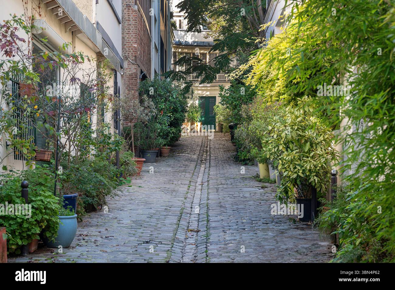 Francia. Parigi. diciottesimo arrondissement. Pigalle. Cite du Midi, discreta, tranquilla, nascosta e lastricata che si affaccia su Boulevard de Clichy Foto Stock