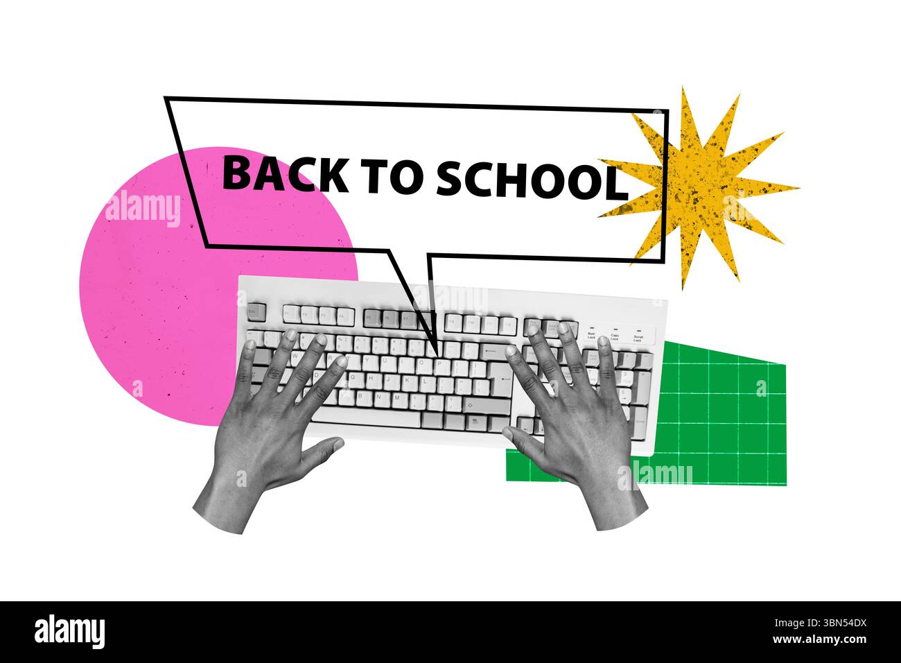 Schizzo immagine immagine grafica collage di mani studentesche pulsanti tastiera elearn digitale corsi scolastici di ritorno all'istruzione universitaria Foto Stock