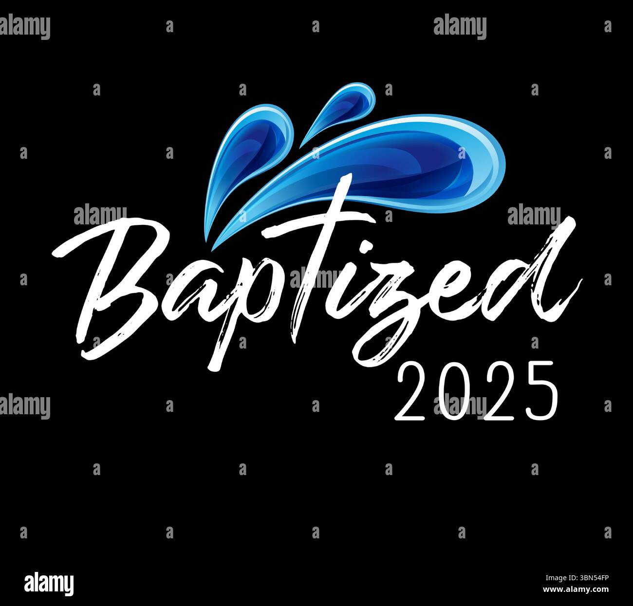 Battezzato nel 2025, disegno della maglietta cristiana della chiesa. Battezzato - parola con gocce d'acqua blu. Illustrazione vettoriale Illustrazione Vettoriale