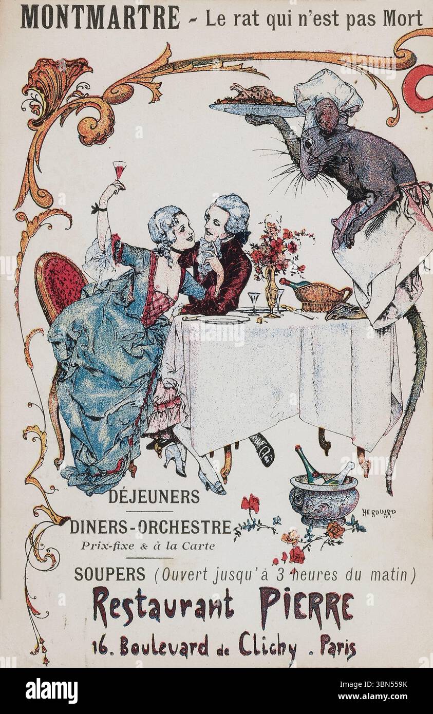Hérouard, Chéri Montmartre - le rat qui n'est pas mort - ristorante Pierre, 16, Boulevard de Clichy - Parigi 1926. Poster pubblicitario il ratto che non è opera d'arte morta, stampe d'antiquariato vintage un popolare caffè e cabaret Foto Stock