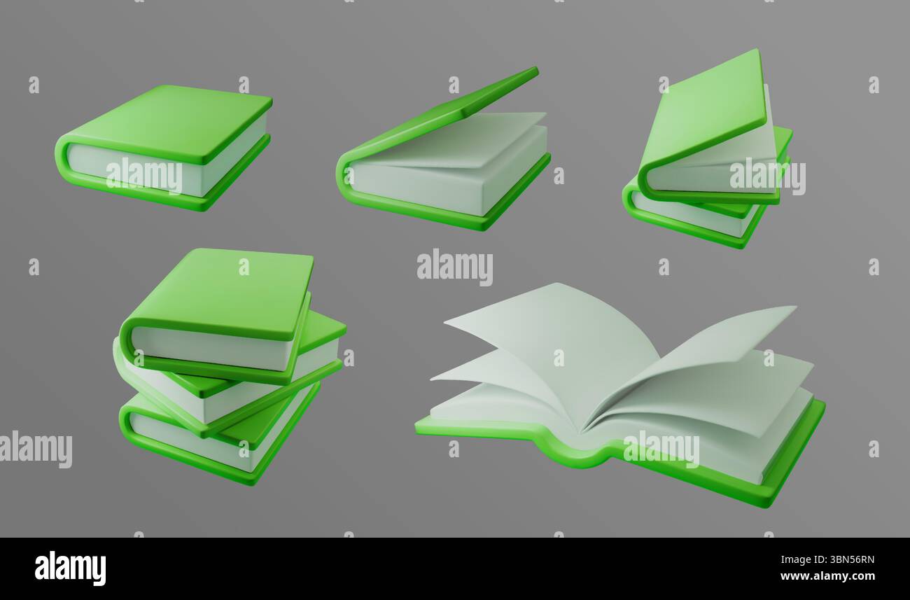 Illustrazione vettoriale 3d di più libri verdi in varie posizioni, sottolineando i temi dell'istruzione e della lettura. Perfetto per progetti educativi Illustrazione Vettoriale