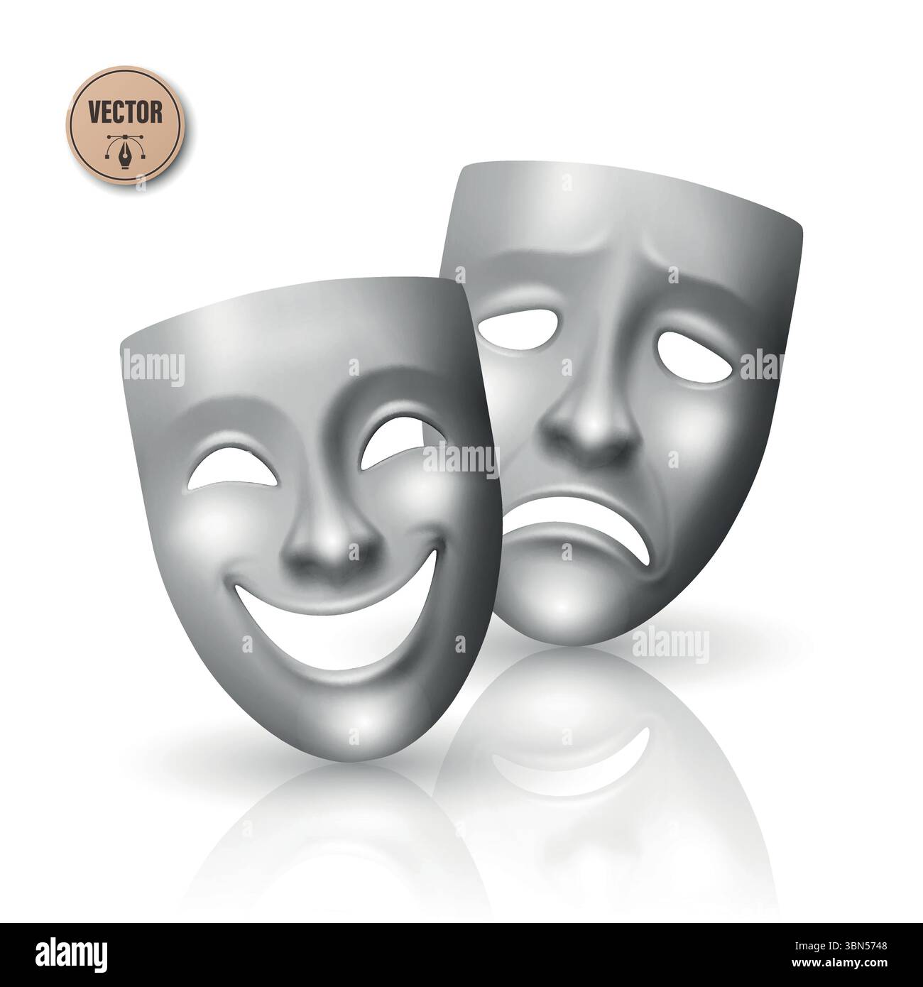 Set di maschere per teatro realistiche vettoriali. Maschere comiche e tragiche. Maschera classica del teatro per il design scenico, dramma greco, recitazione, arti dello spettacolo Maschera da teatro Illustrazione Vettoriale