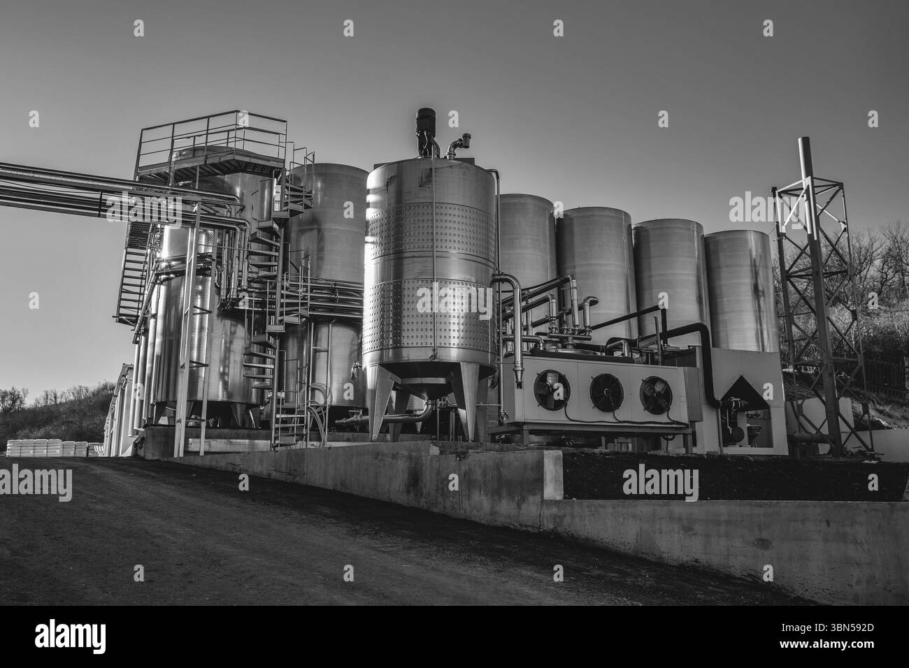 Moderno impianto di produzione del vino con botti di metallo all'aperto in bianco e nero Foto Stock