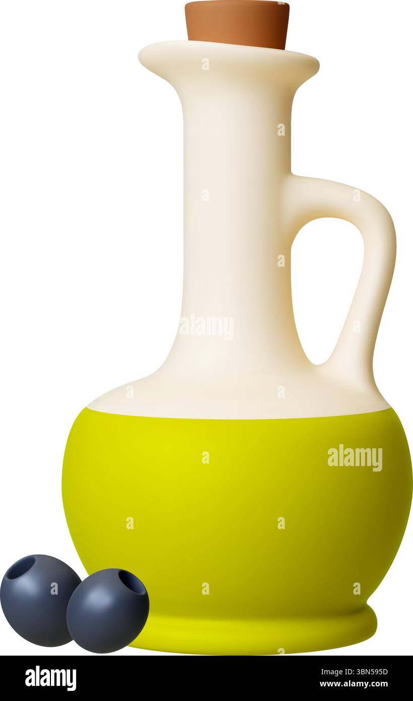 Icona 3d vaso olio d'oliva. Decanter di olio vegetale e olive nere. Cibo mediterraneo fresco e realistico isolato, tempo di raccolta dell'agricoltura, vettore Illustrazione Vettoriale