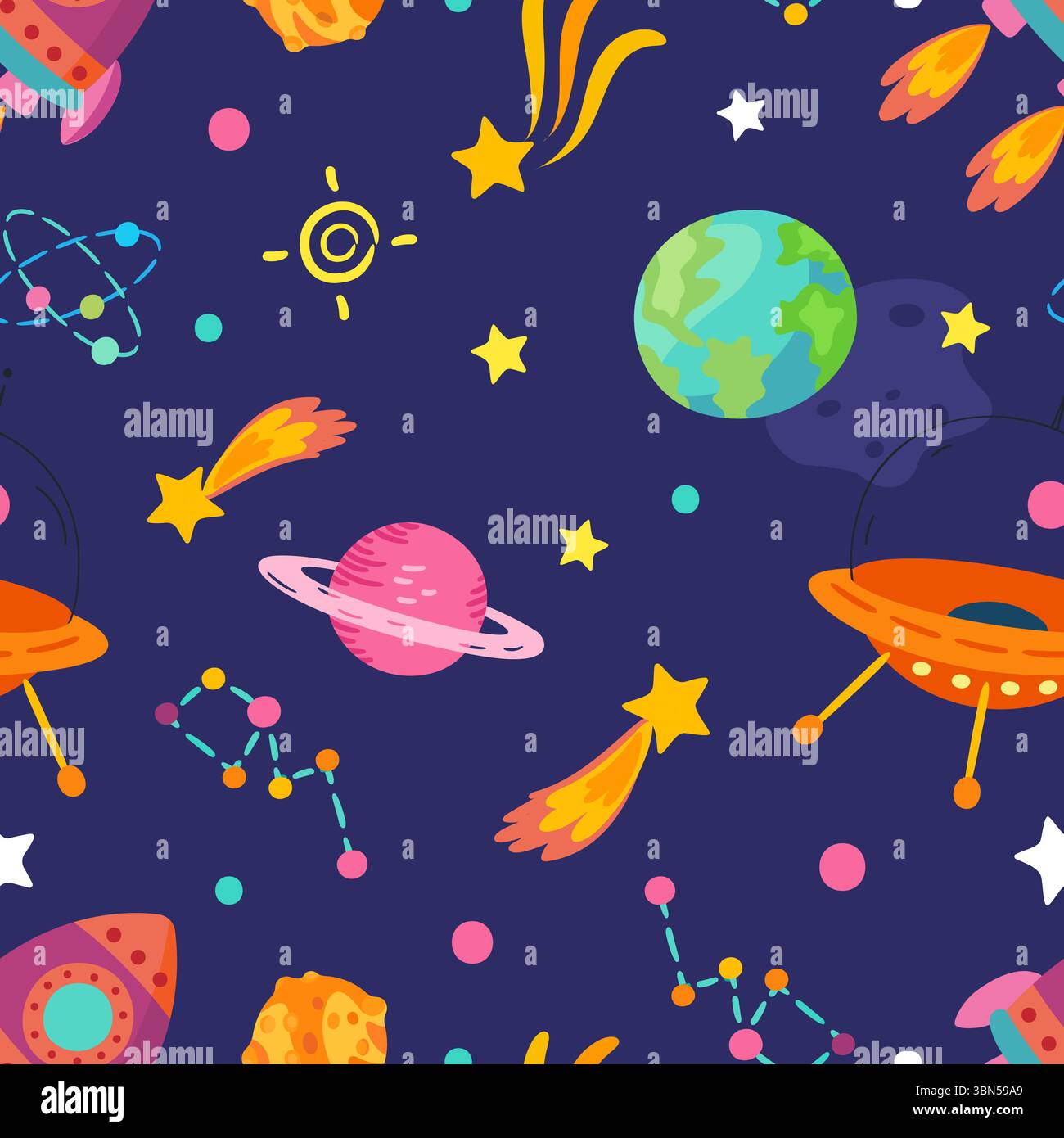 Schema senza cuciture dello spazio dei cartoni animati. Esplorazione dell'universo, pianeti, stelle, costellazione, astronave e nave aliena. Tessuto, carta da parati, grafica vettoriale Illustrazione Vettoriale