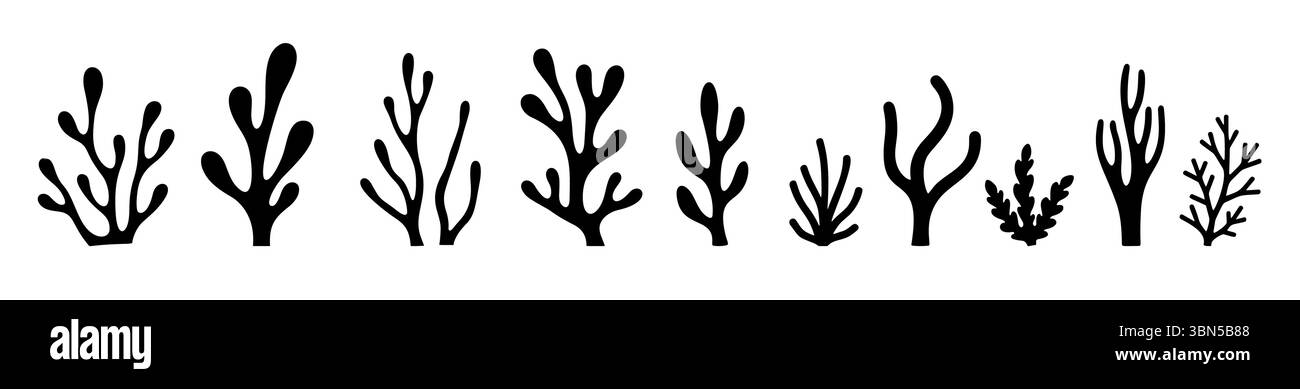 Icona vettoriale nera con silhouette in corallo alle alghe. Piante infestanti pesci della barriera corallina oceanica design isolato di corallo di alghe marine sottomarine Illustrazione Vettoriale