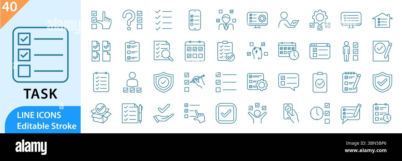 Set di icone modificabili della riga attività. icone della riga attività. Contenente la lista di controllo, il segno di spunta e altro ancora. Traccia modificabile. Illustrazione vettoriale Illustrazione Vettoriale