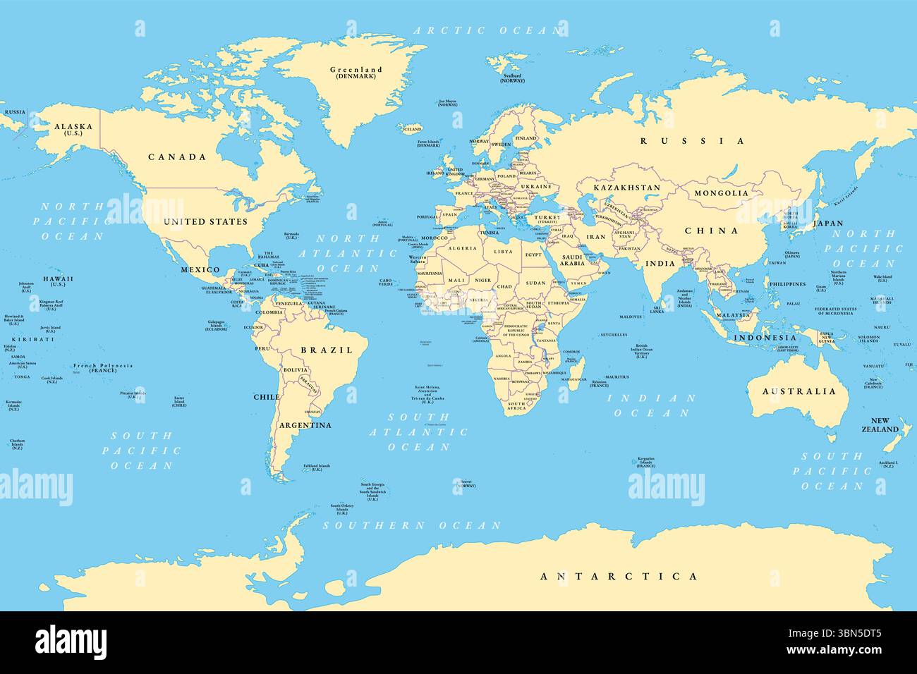 Mondo, mappa generale di riferimento, divisioni politiche. Mappa politica con confini internazionali, continenti, oceani e laghi più grandi. Foto Stock