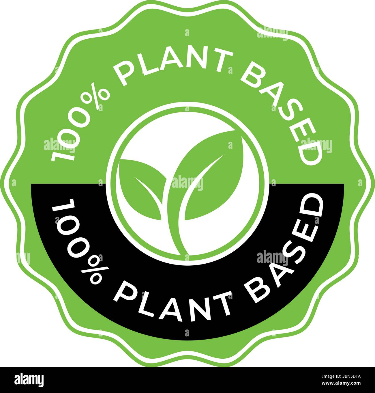 Logo vettoriale al 100% basato su piante: Logo circolare verde con icona a foglia per prodotti vegani o biologici, timbro prodotto vegano Illustrazione Vettoriale