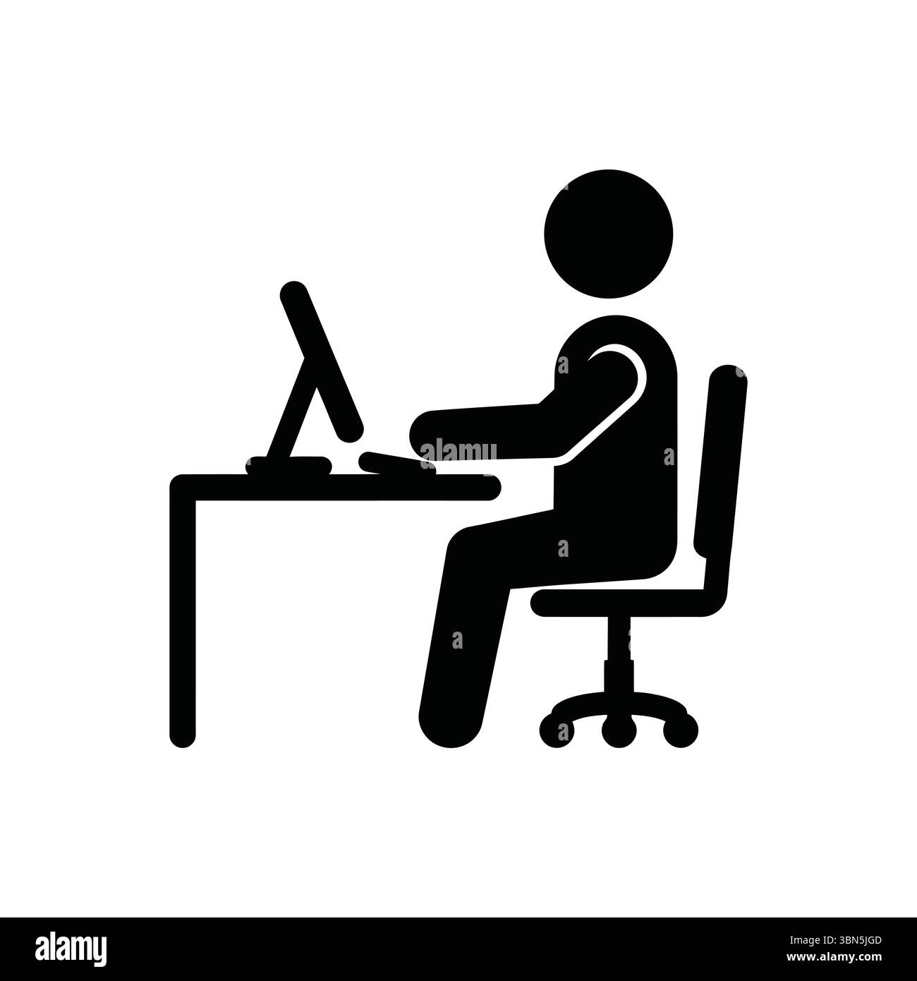 Immagine vettoriale dell'icona del lavoratore d'ufficio, uomo d'affari alla scrivania, simbolo dell'utente del computer, disegno a pittogramma del dipendente Illustrazione Vettoriale