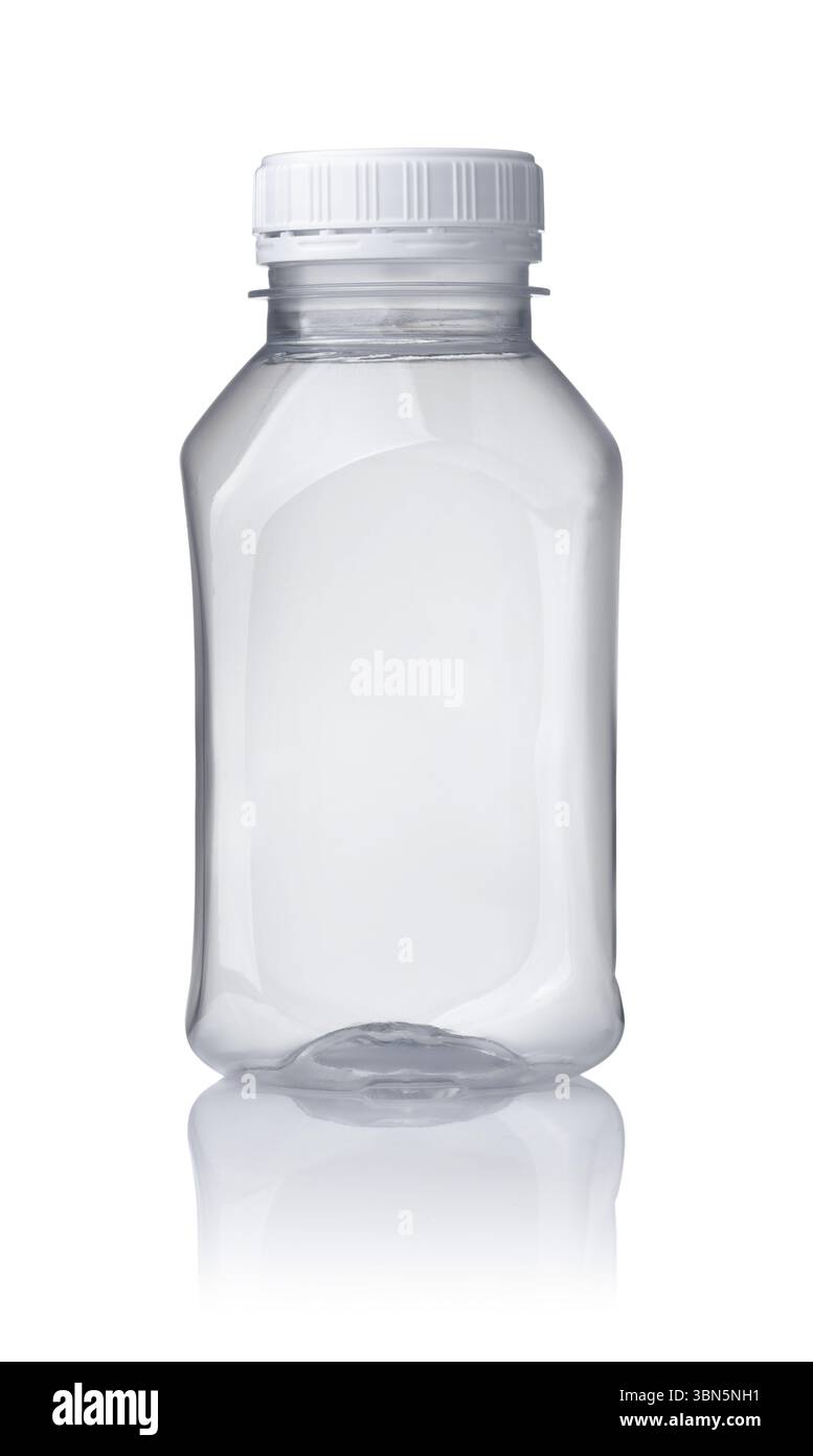 Vista frontale del flacone trasparente in plastica vuoto isolato su bianco Foto Stock
