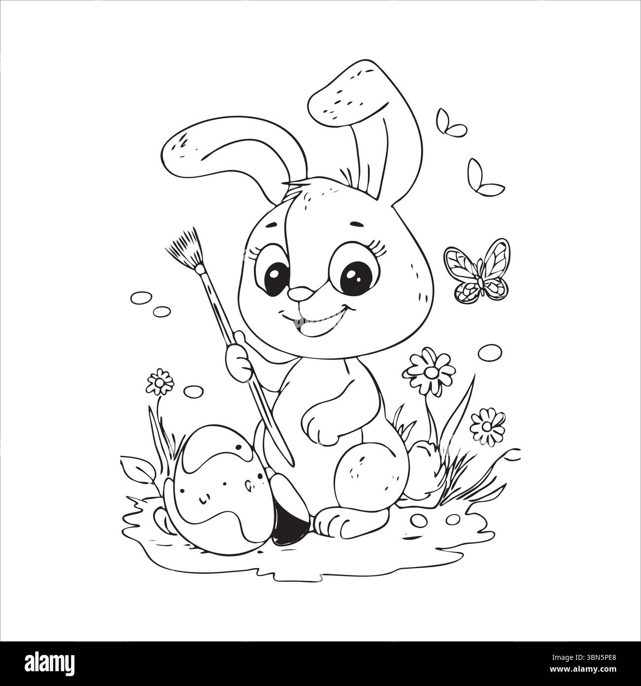 "Simpatico coniglietto con un pennello e un uovo di Pasqua in un disegno di pagina da colorare con motivi floreali" Illustrazione Vettoriale