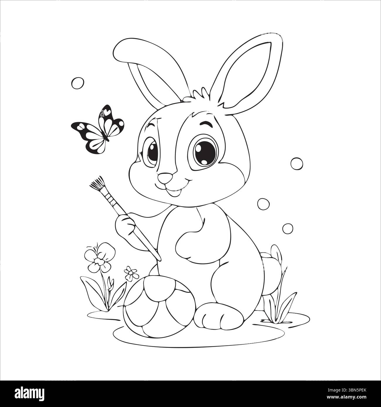 "Simpatico coniglietto con un pennello e un uovo di Pasqua in un disegno di pagina da colorare con motivi floreali" Illustrazione Vettoriale